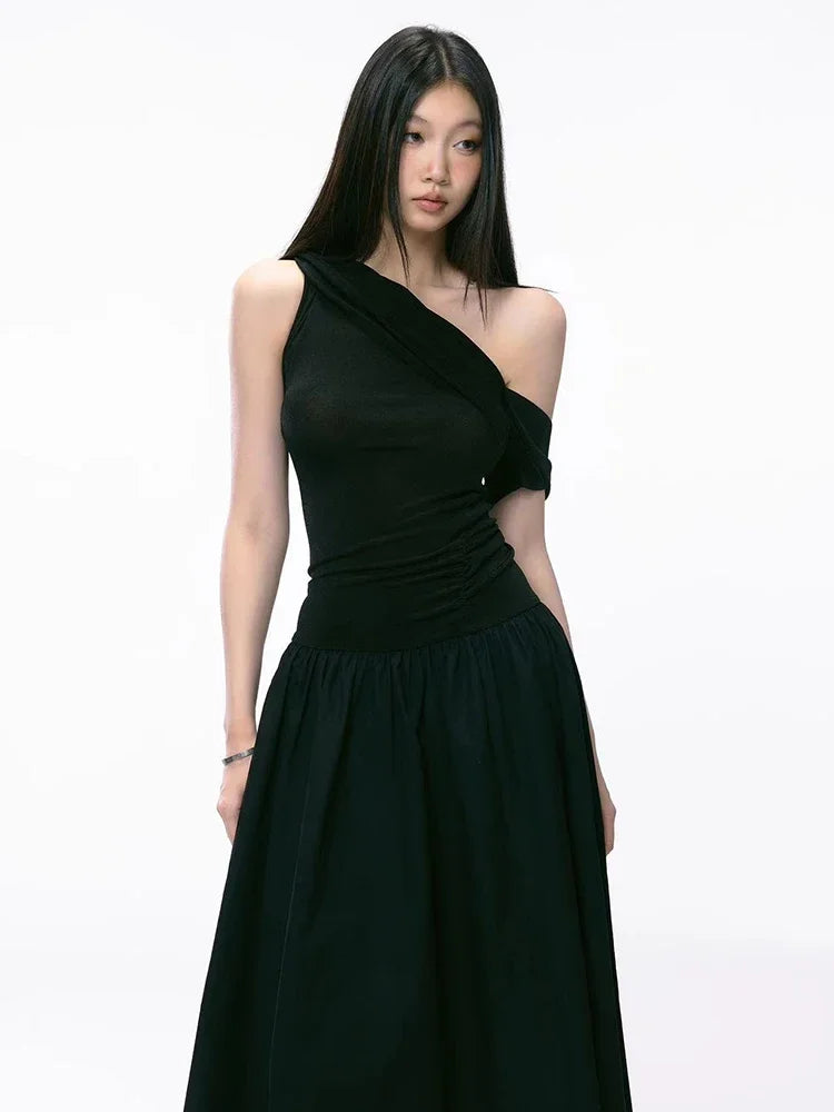 Bxoxo Elegant Hepburn Style Slash Neck Women Midi Dress Y2K Sexy One Shoulder Sleeveless Black Dress Summer Evening Party Vestidos