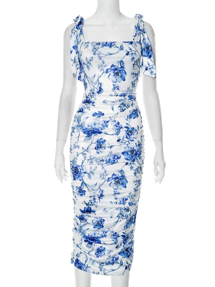 BXOXO Floral Print Backless Sexy Maxi Dress For Women Gown Spaghetti Strap Square Collar Ruched Bodycon Club Party Dress