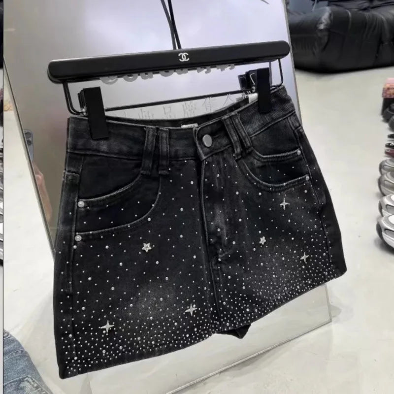 Bxoxo Starry Hot Rhinestone Denim Skirt for Women 2024 Summer New Retro Slimming a-Line Sheath Denim Skirt