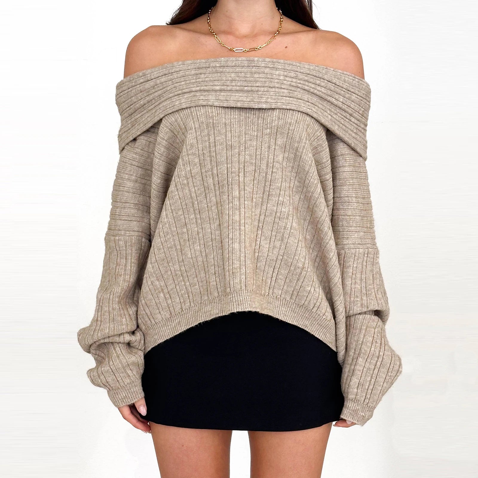 BXOXO Elegant Womens Off Shoulder Sweaters Casual Oversized Batwing Sleeve Sweatshirt Fall Pullover Knit Tops Blouse Outwear