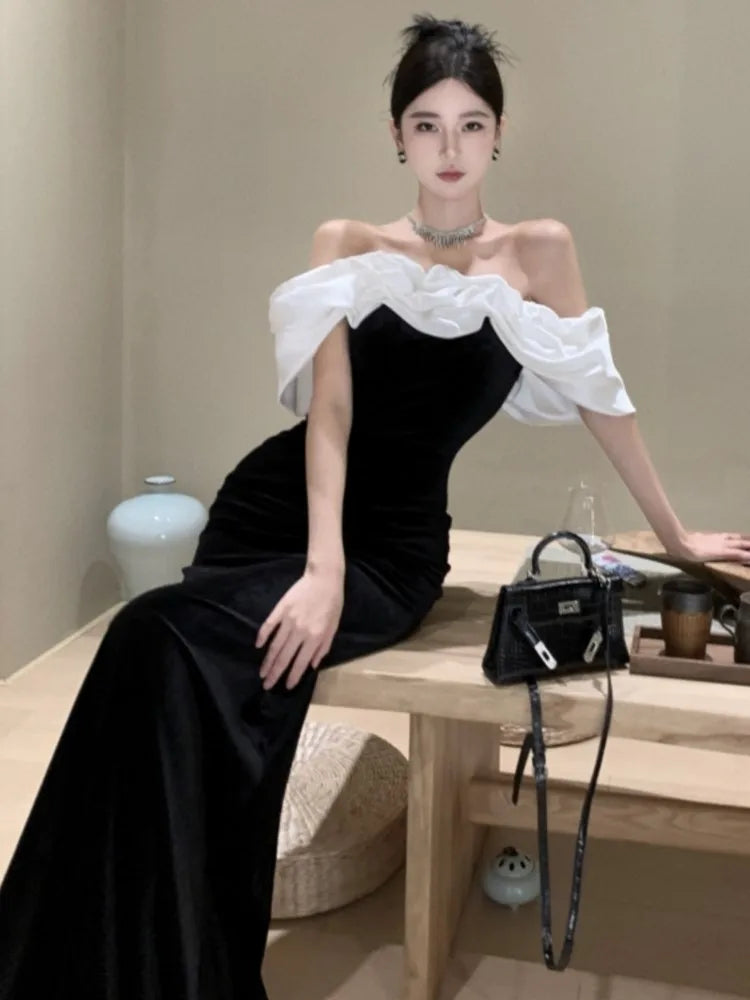 BXOXO Women Sexy Off Shoulder Party Dress New Slim Waist French Patchwork Elegant Lady Maxi Fashion Solid A-line Vestidos Mujers