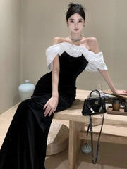 BXOXO Women Sexy Off Shoulder Party Dress New Slim Waist French Patchwork Elegant Lady Maxi Fashion Solid A-line Vestidos Mujers