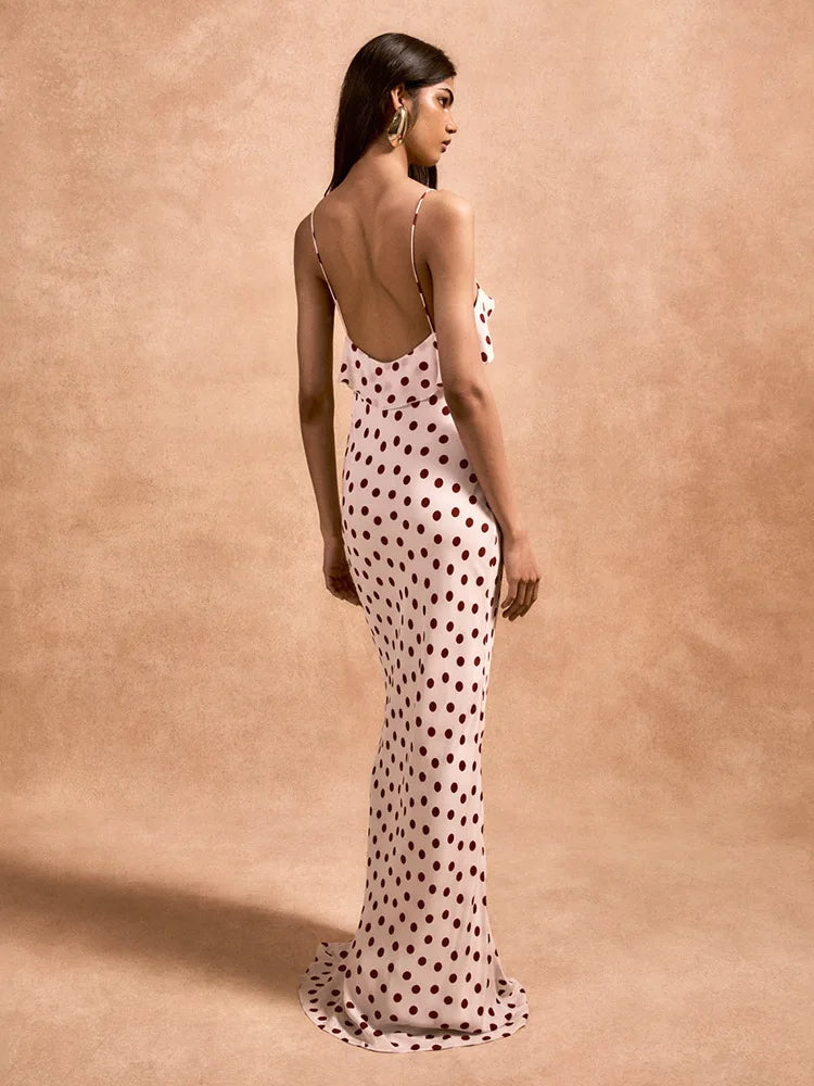 BXOXO Rose Polka Dot Maxi Dress For Women Gown Spaghetti Strap Off-shoulder Sleeveless Backless Elegant Evening Club Dress