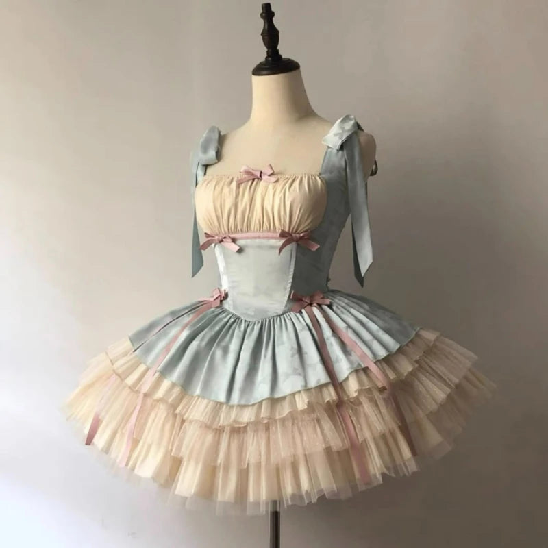 Bxoxo Victorian Sweet Lolita Dress Women Kawaii Bowknot Print Ruffles Party Mini Dresses Japanese Vintage Elegant Mesh Princess Dress