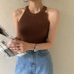 Bxoxo Elegant Slim Knitted Camis for Women Summer Korean Chic O Neck Sleeveless Tank Y2K Solid Simple Basic All Match Vest Mujer