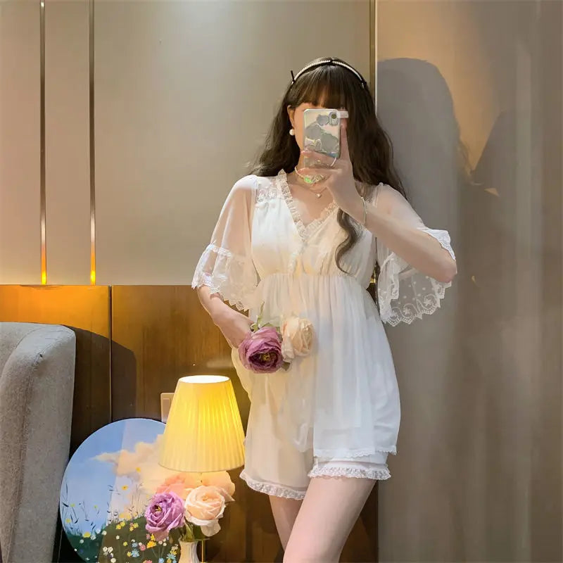Bxoxo Female White Lace Long Nightgown Sleepwear Retro Palace Style Princess Nightdress Bath Robe Summer Loose Home Dress Nightwear
