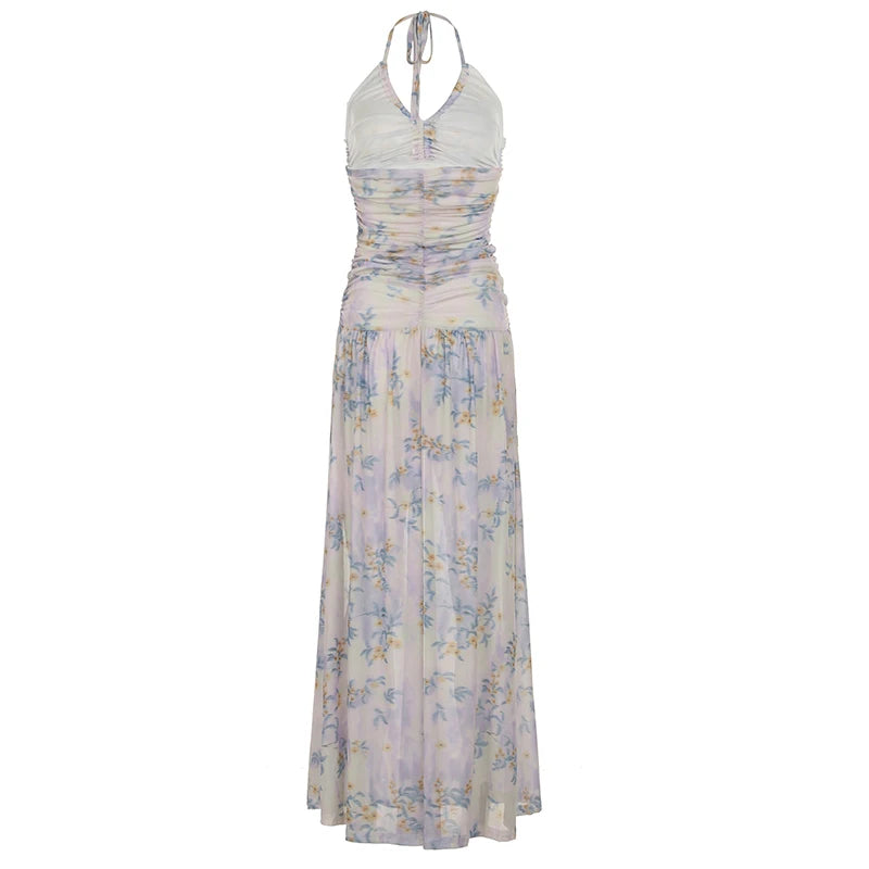 BXOXO Fashion Holiday Style Floral Print Halter Dresses Sleevelwss Slim fit Mesh Fairycore Women Long Dresses