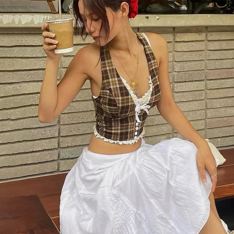 BXOXO Vintage Plaid Print Halter Vest Women Y2K Korean Sexy V Neck Cardigan Tops Summer Streetwear Patchwork Female Tank