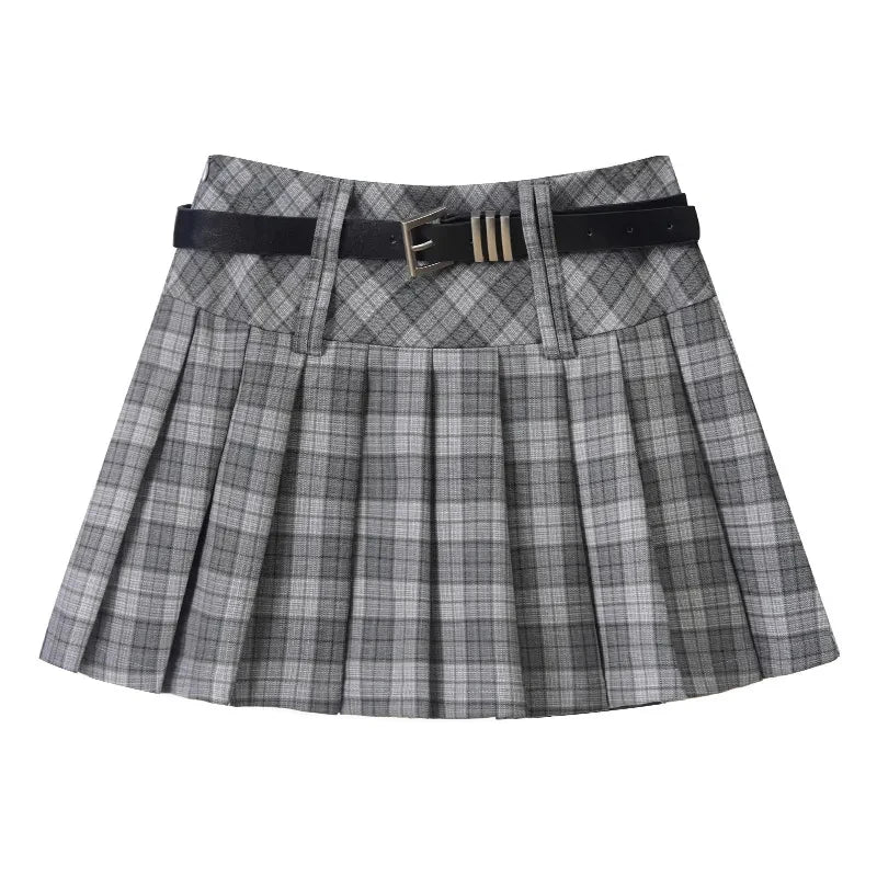 Bxoxo Vintage Plaid Women Pleated Skirts Y2K High Waist Preppy with Belt Mini Skirts Spring Korean All Match Ladies A Line Skirts New