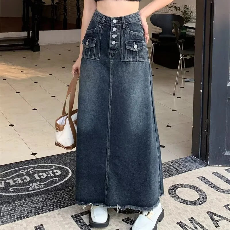 Bxoxo New Streetwear Denim Skirt Spring Summer Fashion Frayed Hem Pocket High Waist Long Jeans Skirt Loose Plus Size Skirt S-5XL