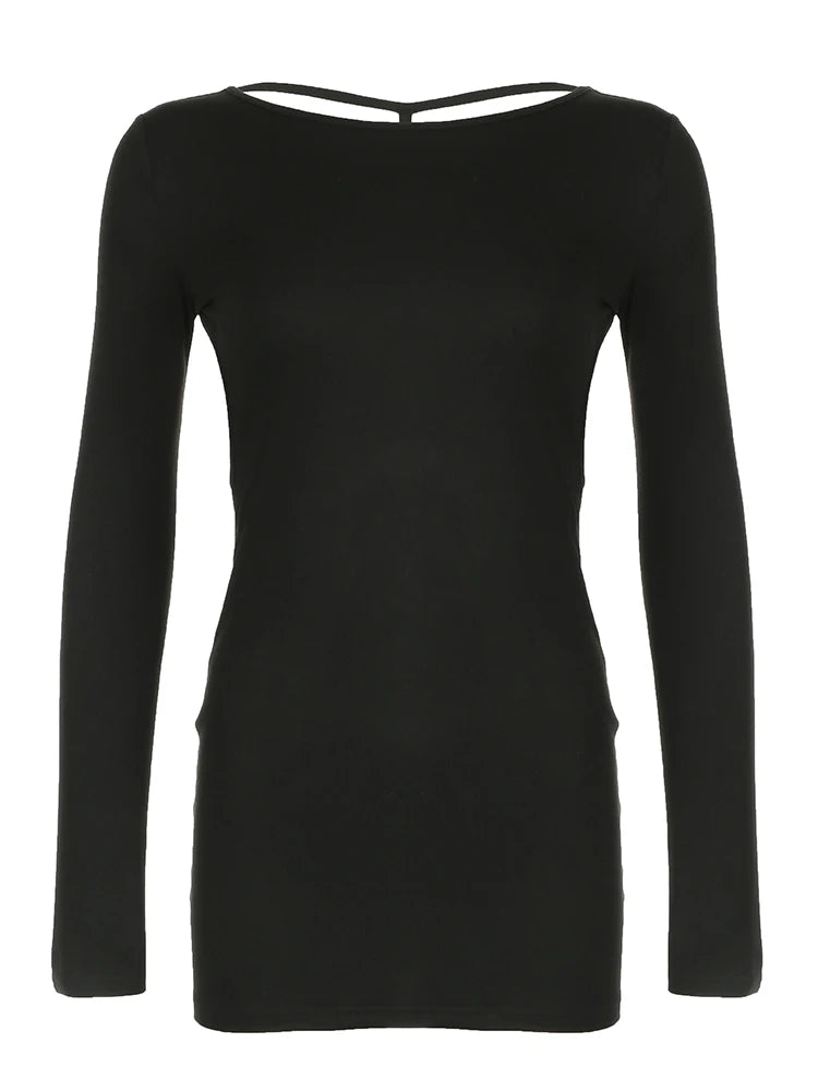 BXOXO Backless Chic Fashion Skinny Sexy Long Sleeve Short Dress Women Rave Baddie Clubwear Black Solid Party Dresses