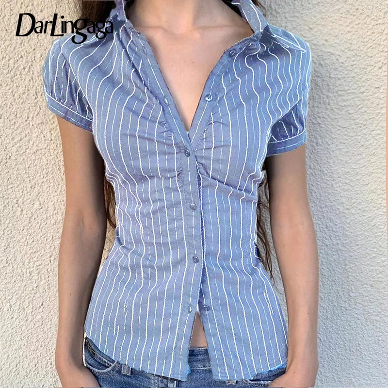 Bxoxo Y2k Aesthetics Pleated Shirt Fairycore Lace Up Blouse Trashy 2000s Style V-neck Shirt Irregular Japanese Harajuku 90sFashion Chic Stripe Slim Summer Blouse Women Tops Short Sleeve Buttons-Up Shirt Cardigan Y2K Aesthetic