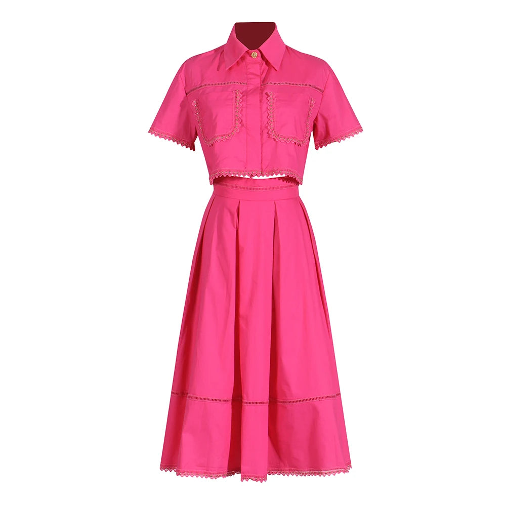 Bxoxo Elegant Two Piece Sets For Women Lapel Short Sleeve Tops High Waist A Line Pleated Skirts Solid Set Female Summer 2023
