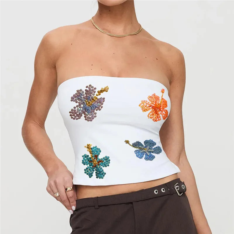 BXOXO Womens Sequin Strapless Tube Top Y2k Sparkle Floral Sleeveless Backless Slim Fit Floral Top Off Shoulder Bandeau Tops