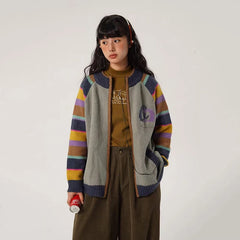 Bxoxo Vintage Rainbow Striped Sweater for Women Winter New Soft Long Sleeve Knitted Cardigan Female Harajuku Loose O Neck Zipper Coat