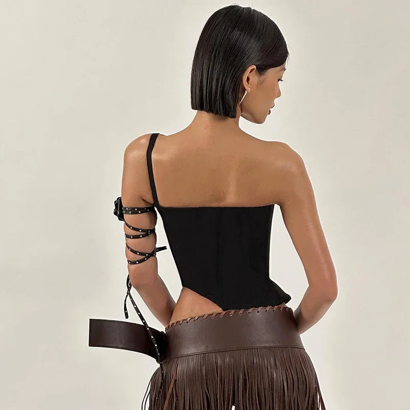 Bxoxo Fashion Women Buckle Irregular Crop Tops One Shoulder Strap Corset Tops Slim Waist  Low-cut Tanks Camis Bralette Bustiers New