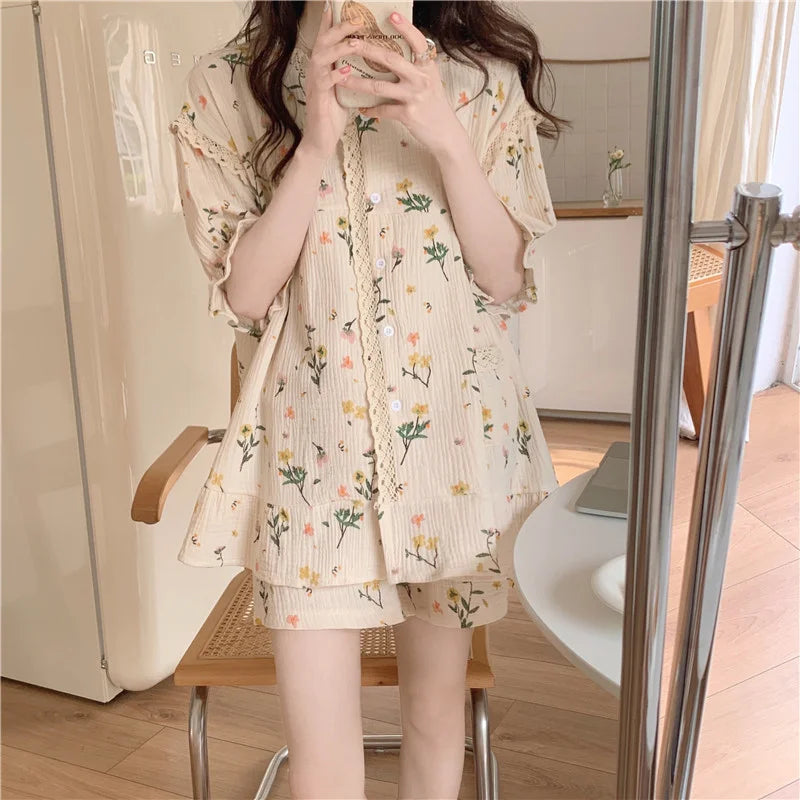 BXOXO Summer New 2 Pieces Girls Lace Lace Pyjamas Female Korean Short-Sleeved Shorts Floral Sweet Ladies Homewear Pajamas Set