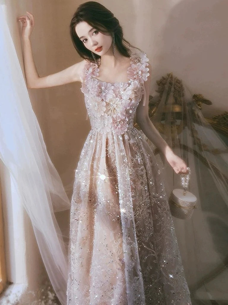 BXOXO Luxury Flower Bridesmaid Dresses Pink Spaghetti Strap Square Collar Beading Bling Bling Fairy Sequins Lace Formal Evening Gowns