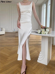 Bxoxo Women's White Elegant Sleeveless Slim Split Slip Dresses Summer Fashion New Female Clothing Evening Party Wedding Guest Dress