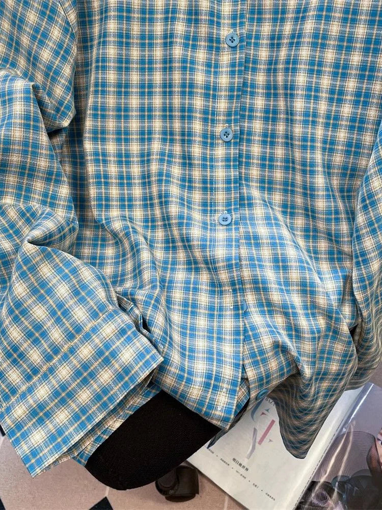 Bxoxo Retro Blue Plaid Shirt Women Casual Fall Long Sleeve Harajuku Retro Blouse Japan Preppy Style Female Turn Down Collar Tops