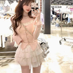 BXOXO Sweet Gentle Long Sleeve Cardigan Tops Women Sexy Slim Fit Camisole+ High Waist Ruched Cake Skirts 2025 New Three Piece Sets