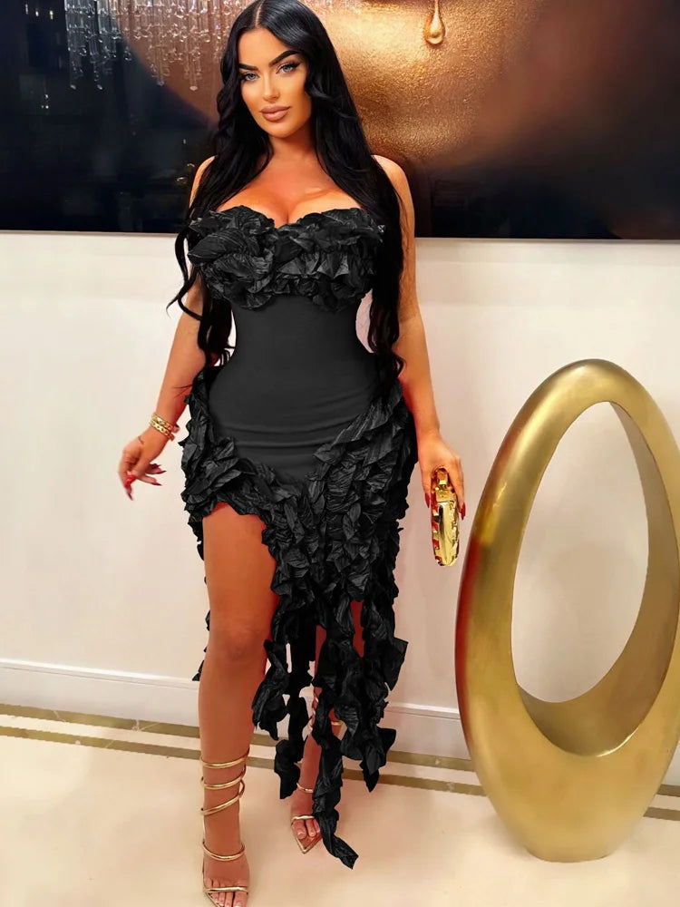 BXOXO  Women Summer Strapless Ruffles Tassel Dress Girls Glamour Red Flower Irregular Party Dress Celebrities Outfits Clubwear