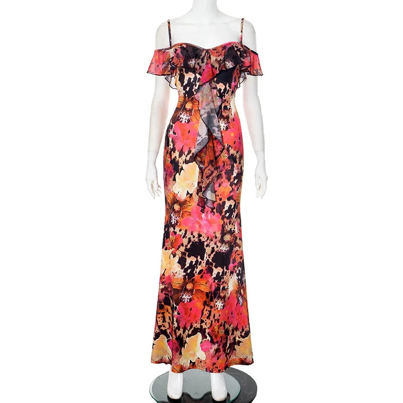 BXOXO Spaghetti Strap Floral Print Sexy Maxi Dress Women Gown Fashion Off-shoulder Strapless Sleeveless Printed Long Dress