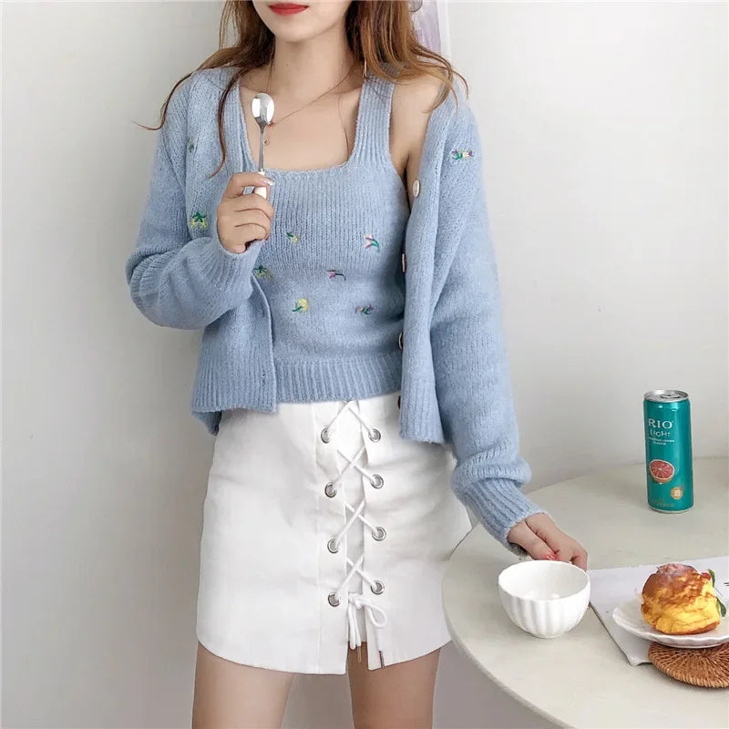 Bxoxo Two-piece Top Suit Flower Embroidered Knitted Korean Style Cardigan Autumn Fashion Sling Sweater Slim Sweet Jacket Sets