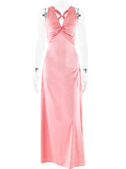 BXOXO  Satin Bow Backless Sexy Maxi Dress For Women Gown Fashion V Neck Sleeveless Club Party Evening Dress Elegant