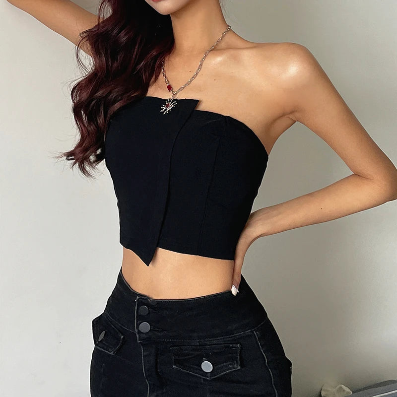 Bxoxo Y2K Sexy Irregular Strapless Tank Top Women Backless Sleeveless Zipper Tube Tops Gothic Summer Off Shoulder Lady Vest