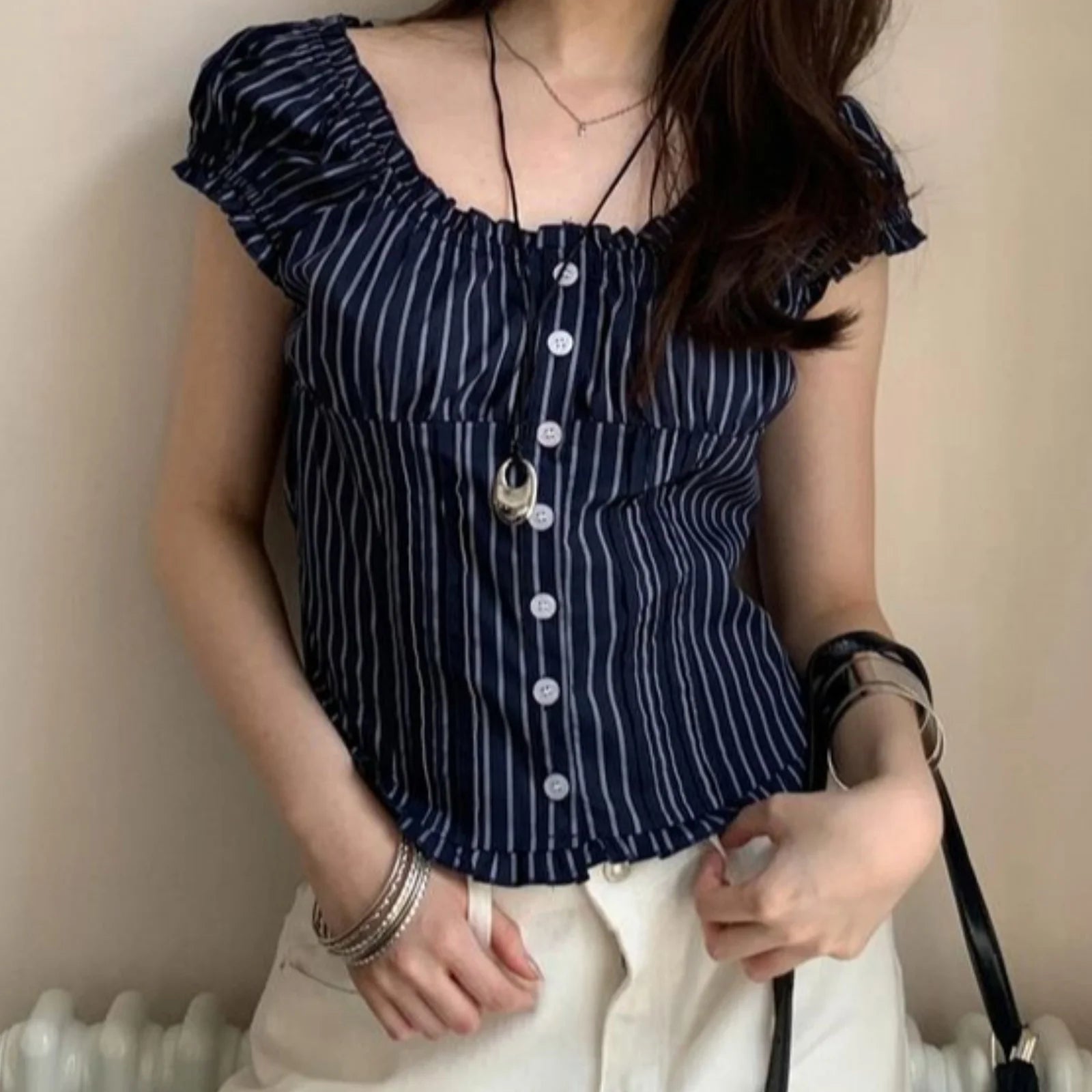 Bxoxo y2k Tops for Women Aesthetic Clothes Striped/Dot Shirts Bubble Short Sleeve Button Down T Shirts Vest 2000s Streetwear