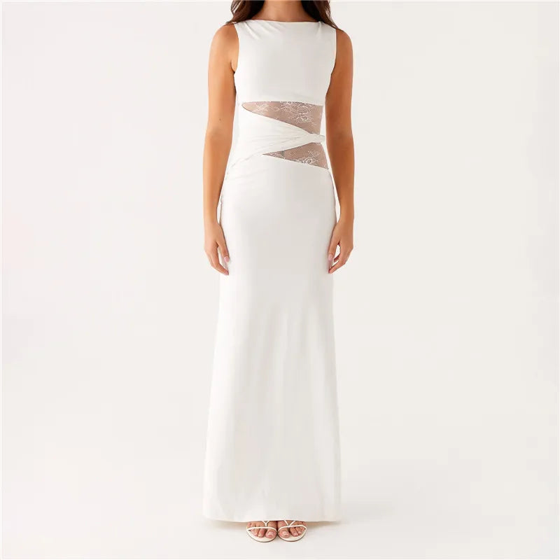 BXOXO Women Bodycon Maxi Dress Sexy Lace Patchwork Sleeveless Backless Long Pencil Dress Y2K Slim Fit Cocktail Party Dresses