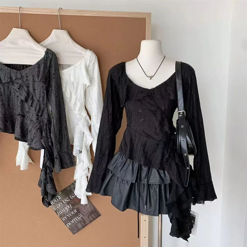 Bxoxo Irregular Patchwork Women T Shirts Y2K Fashion Gothic Ruffled Sleeve Female Tops Streetwear Sexy Hollow Out Hole Casual Tees New