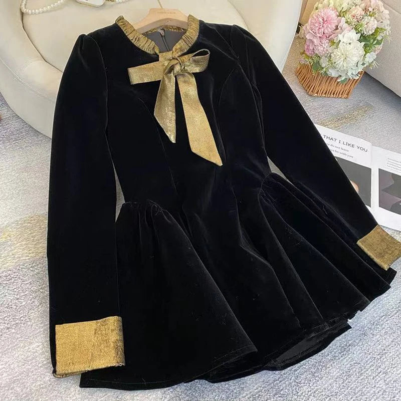 Bxoxo Velvet Lace Up Mini Dress Autumn Korean Chic Bow Patchwork Mini Dress Fashion Aesthetic Streetwear Party Club Ladies Vestidos
