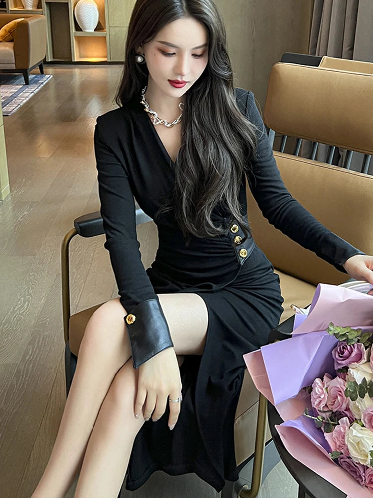 Bxoxo Spring Elegant Sexy Casual Maxi Dresses for Women Black Brown Slit Long Robe Femme Office Party Street Clothing Vestidos