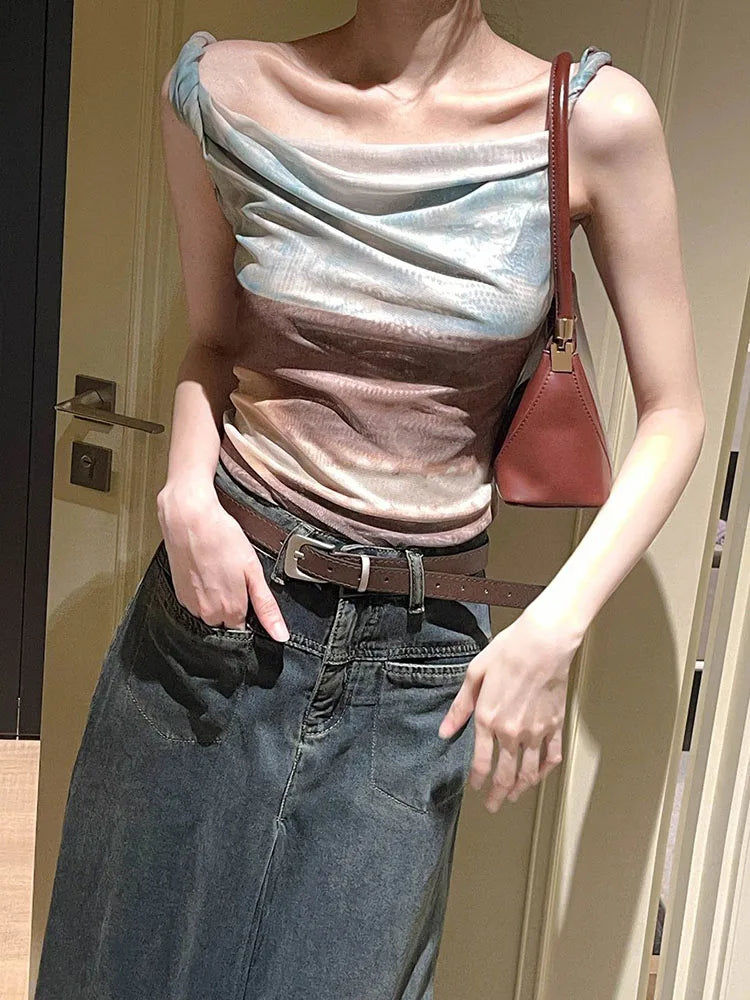 Bxoxo Fashion Tie Dye Mesh Women Vest Y2K Korean Chic Irregular Slim Female Crop Tops Ladies Elegant Bohemian Off Shoulder Tank