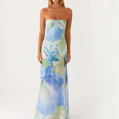 BXOXO Women Floral Strapless Maxi Dress Y2K Bodycon Tube Long Dresses Party Formal Cocktail Beach Slit Dress Summer Sundress