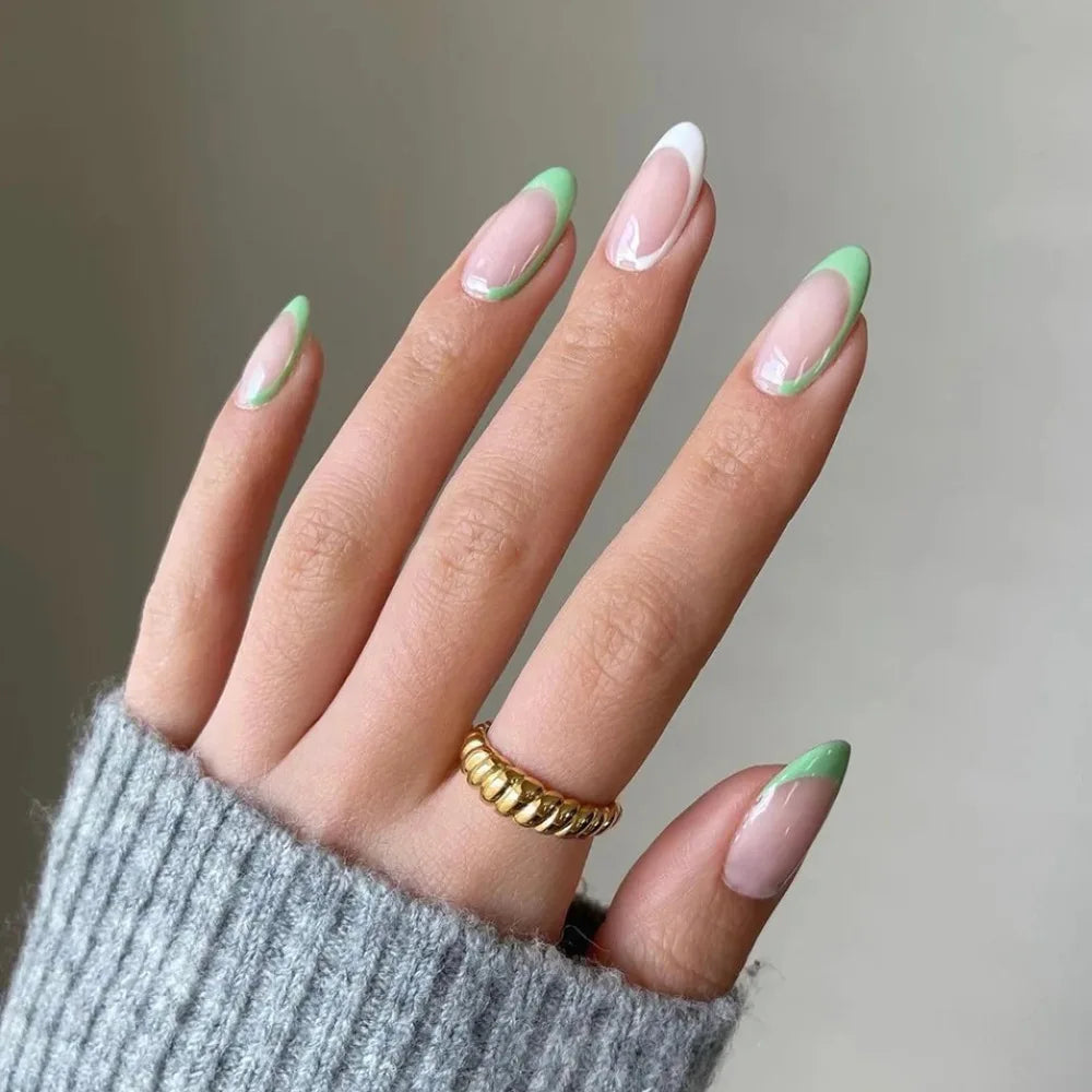 Bxoxo 24P French Oval False Nails Girls White Edge Design Nude Color Wearable Press on Nail Full Cover Short Acrylic Almond Fake Nails