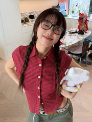 Bxoxo Pure Cotton Red Plaid Shirt Women Slim Sexy Cropped Short Sleeve Y2K Blouse Vintage American Streetwear Female Summer Tops