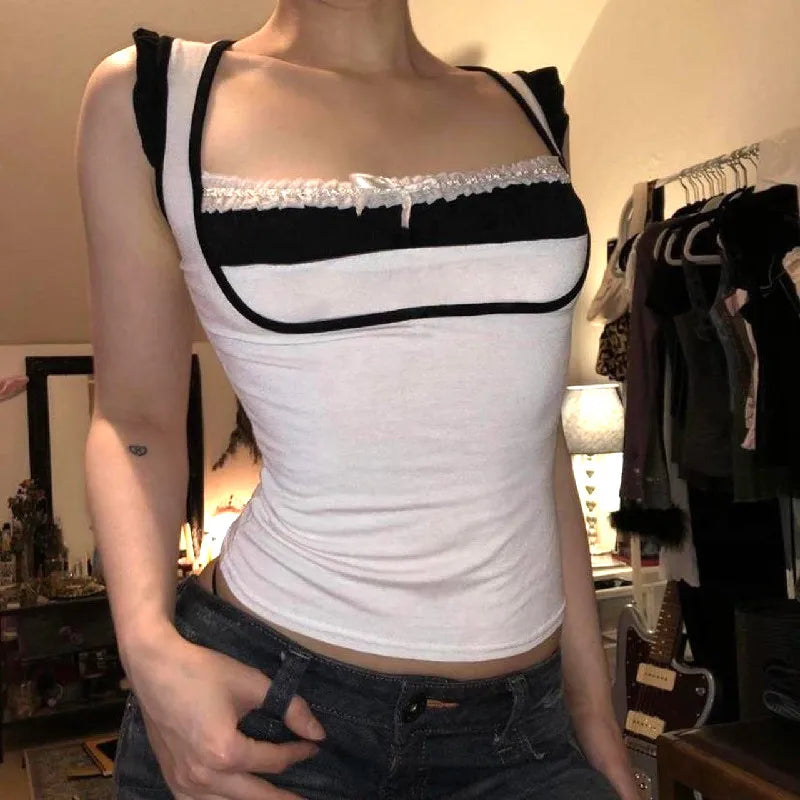 BXOXO Y2K Lace Patchwork Skinny Tank Top Sexy Square-neck Off Shoulder Sleeveless Crop Tops Summer Slim Elegant Camis