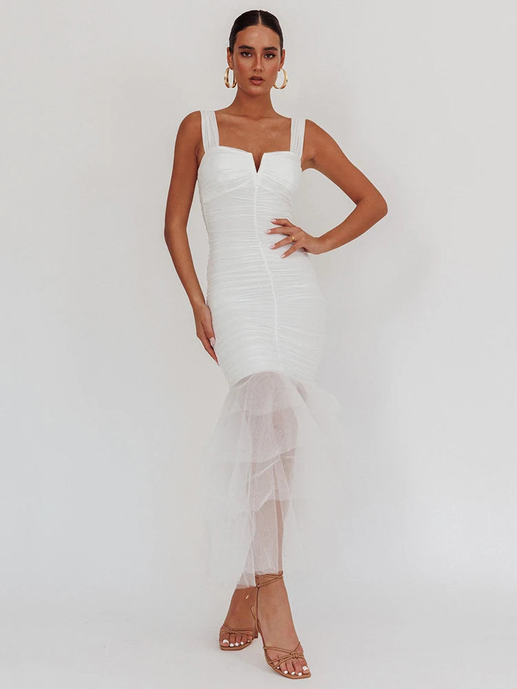 BXOXO Mesh Backless Sexy Maxi Dress For Women Gown Two Layer Spaghetti Strap Sleeveless Ruched Bodycon Club Party Dress