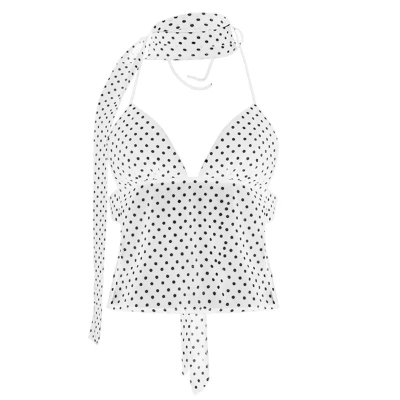 BXOXO Women Polka Dot Camisole Top Y2k Halter Neck Backless Cami Tank Top Sexy Coquette Going Out Crop Tops with Scarf