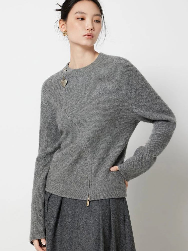 Bxoxo Streetwear Gray Sweaters Women Long Sleeve Vintage O Neck Love Zipper Knitted Cardigan Casual Retro Korean Female Tops Fall