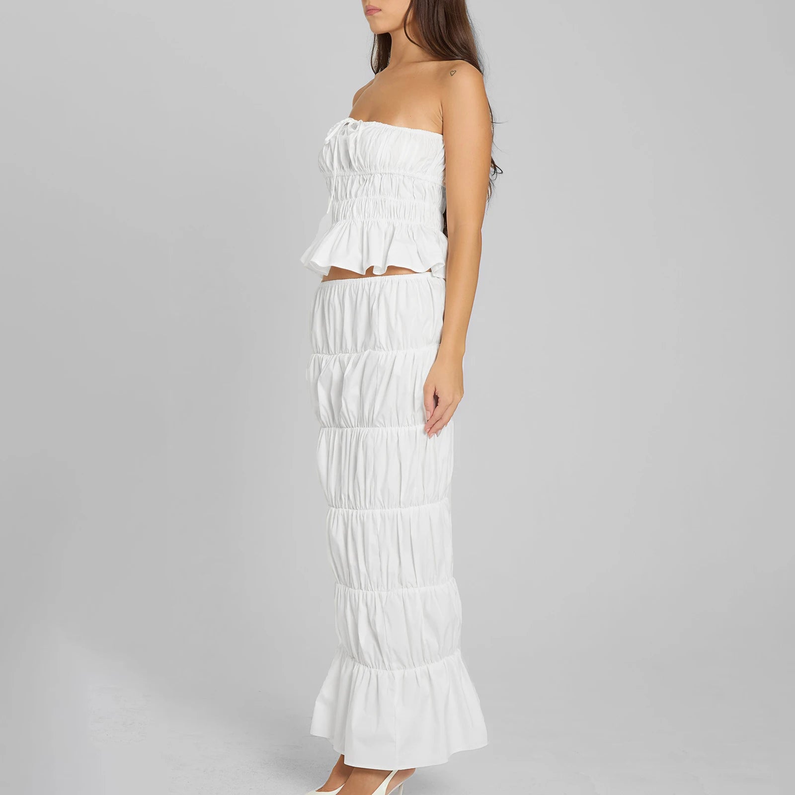 BXOXO Women Y2K Two Piece Maxi Skirt Set Strapless Crop Tube Top Ruffle Mesh Skirts Outfit Lace Trim Holiday Beach Outfit