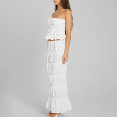 BXOXO Women Y2K Two Piece Maxi Skirt Set Strapless Crop Tube Top Ruffle Mesh Skirts Outfit Lace Trim Holiday Beach Outfit