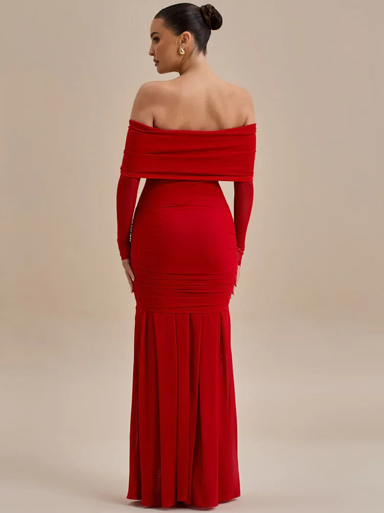 BXOXO  Off-shoulder Strapless Rose Sexy Maxi Dress For Women Fashion Long Sleeve Backless Ruched Bodycon Club Party Dress