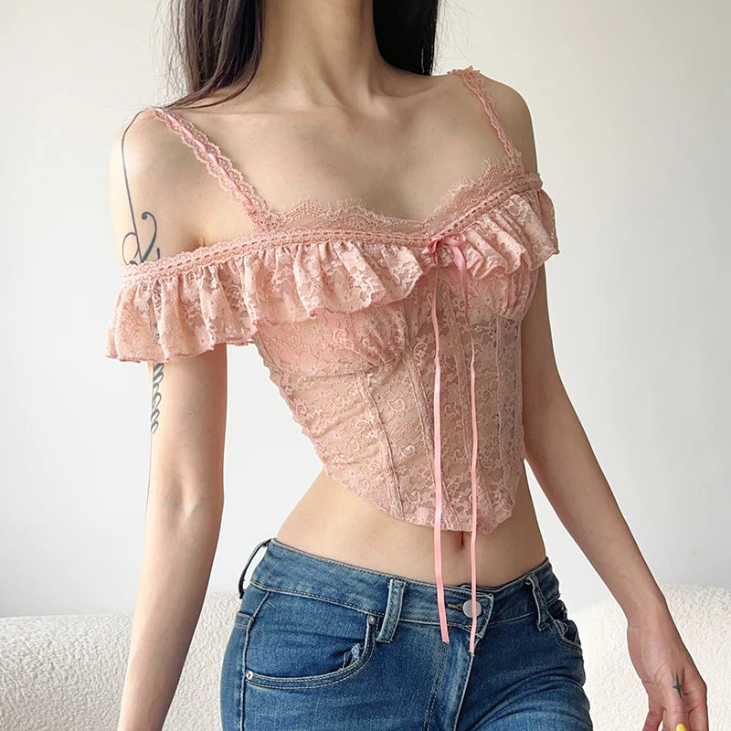 Bxoxo Cute Coquette Pink Corset Top Sweet Sexy Lace Transparent Crop Tops with Ruffles y2k Aesthetic Solid Tees Ladies Elegant