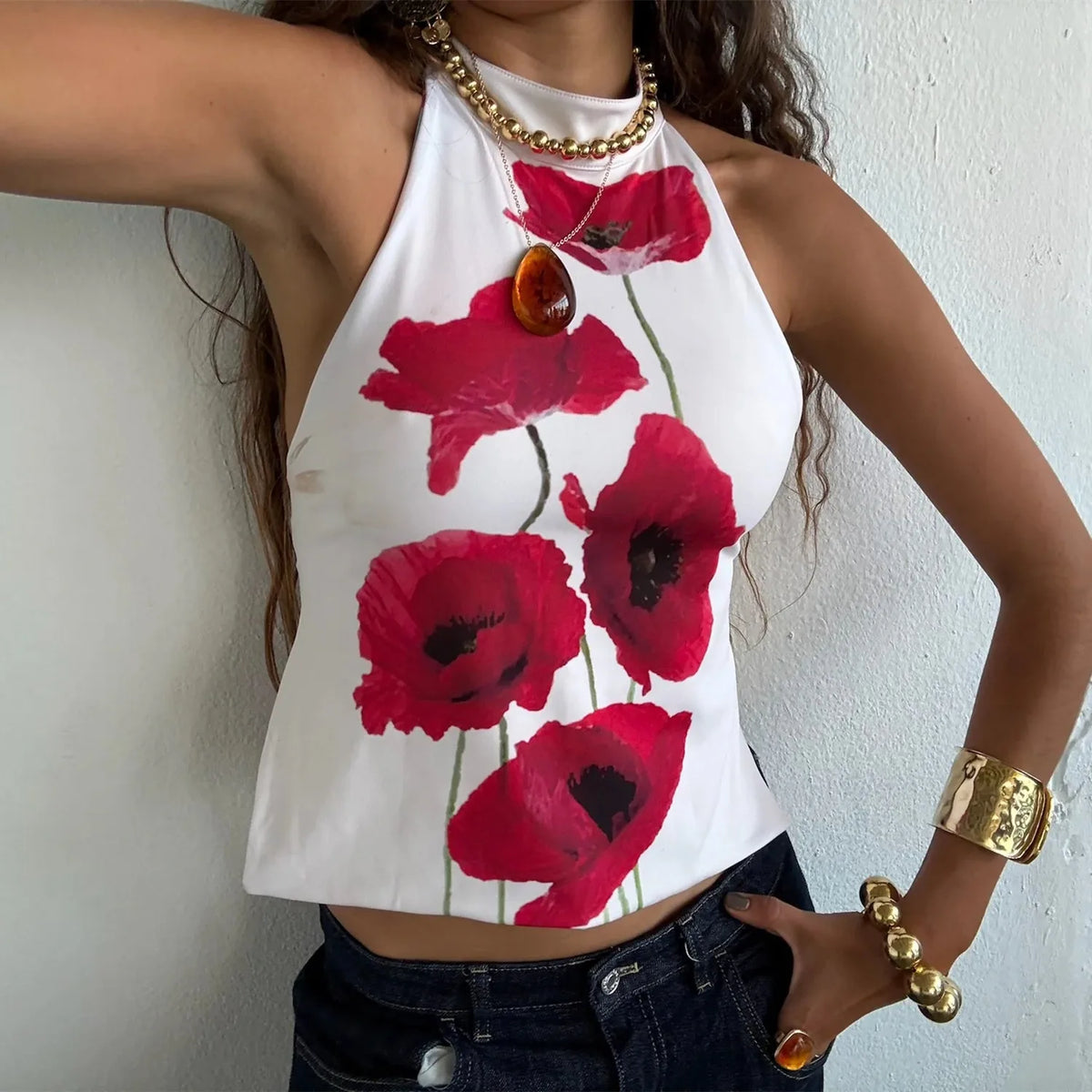 BXOXO Boho Graphic Print Backless Camis Women Y2k Halter Tank Top Vintage Sleeveless Tie Up Crop Top Summer Vest Streetwear