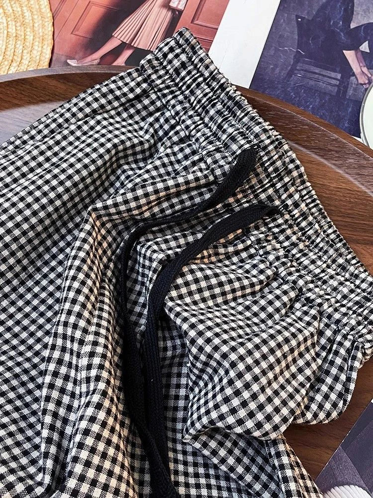 Bxoxo Korean Chic Plaid Casual Pants Women Summer High Waist Retro All Match Wide Leg Pants Y2K Loose Drawstring Straight Trousers