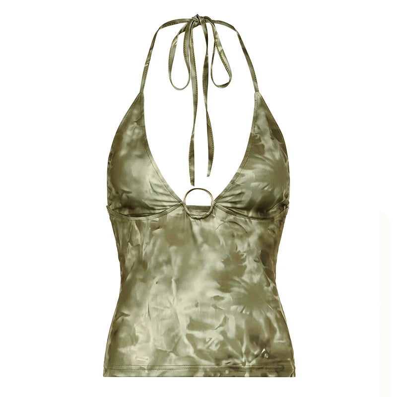 BXOXO Summer Cute Green Print Crop Top Sexy V-neck Sleeveless Camis Women Lace-up Halter Strap Vest y2k Holiday Tees Aesthetic